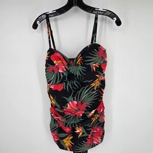 Shore Shapes Tropical Floral Ruched One Piece Swimsuit Women's Size 16